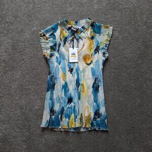 DKNY flutter sleeve watercolor abstract floral pleated blouse women's Medium NEW